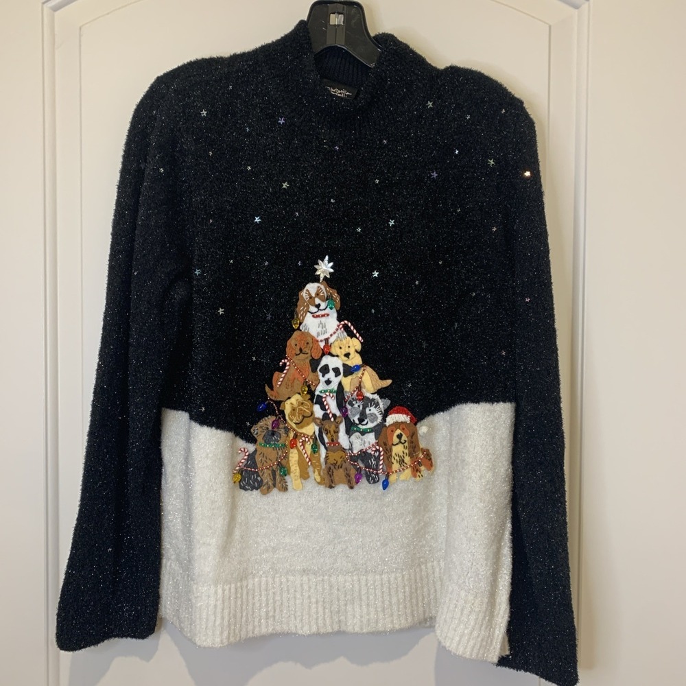 Christina Rotelli Dog Christmas Tree Sweater Lrg Black White Sparkle Star Beaded